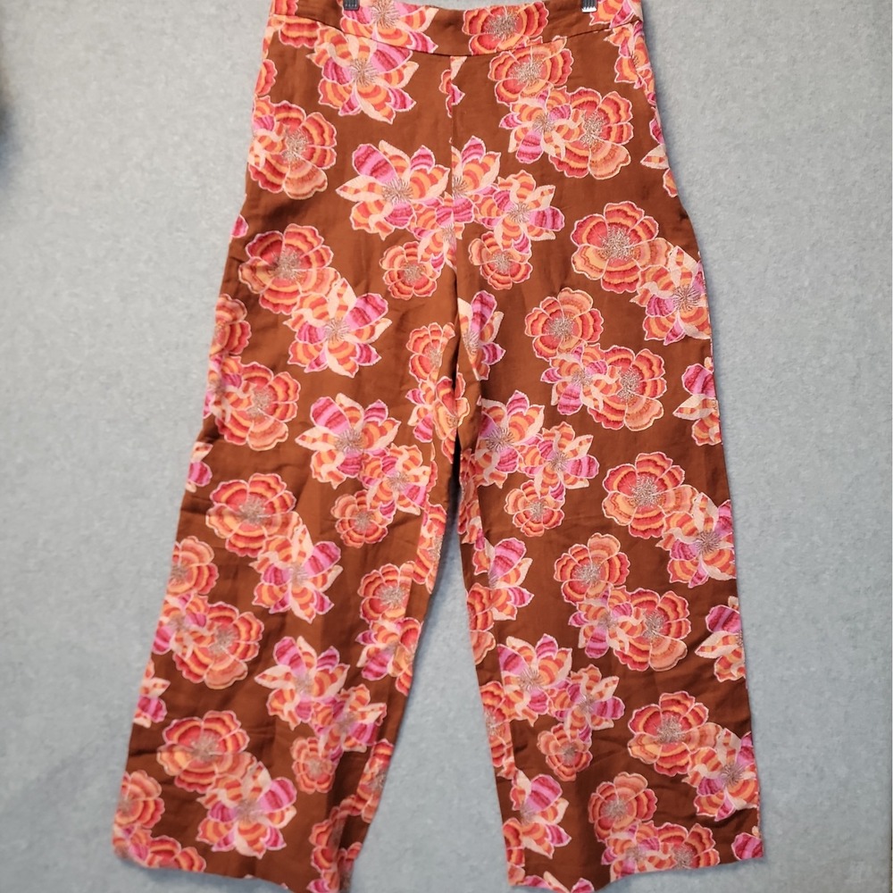 NEW LOFT Wide Leg Linen Blend Floral Pull-on Pants Sz Medium Brown Pink Orange